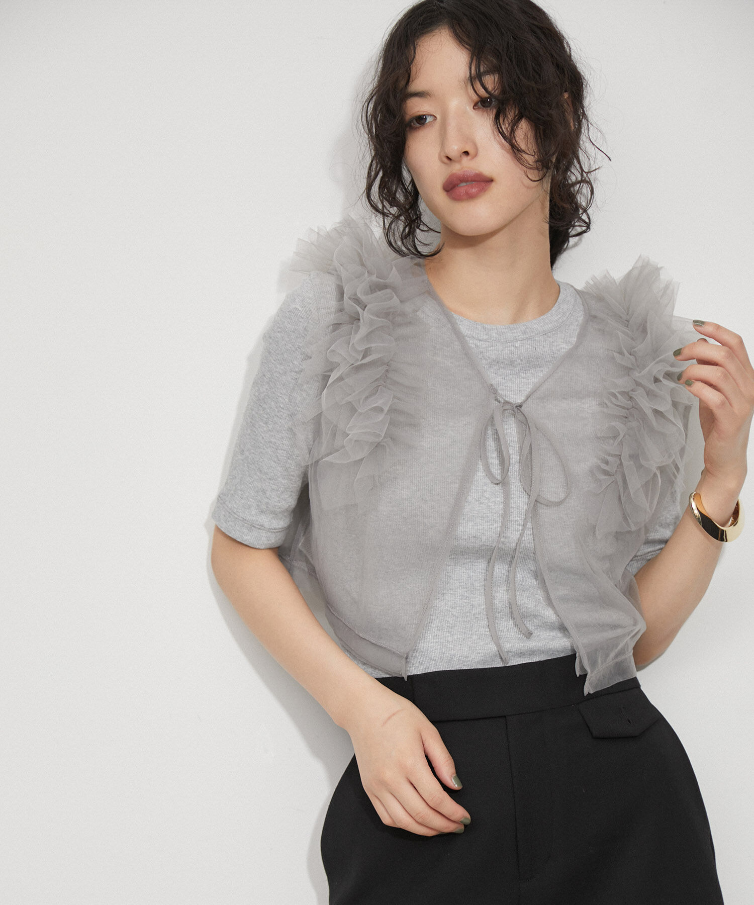 ADAM ET ROPE'「【サステナブル】チュールフリルTEE」|Tシャツ・カットソー|ライトグレー(08)