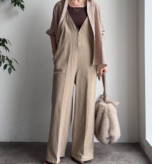  「細紐デニムフロントジップサロペット」|ワンピース|ベージュ