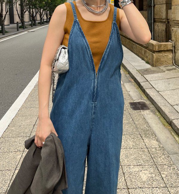  「細紐デニムフロントジップサロペット」|ワンピース|