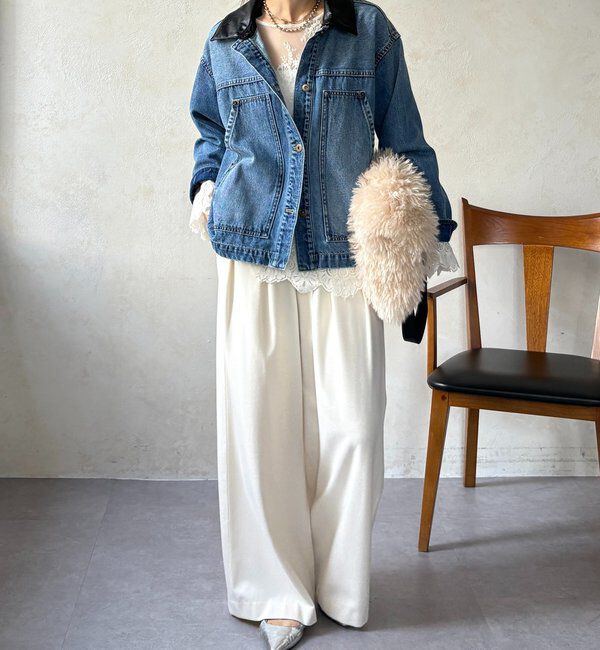  「【襟の取り外しが可能！】レザーカラーデニムジャケット」|ブルゾン・スタジャン|