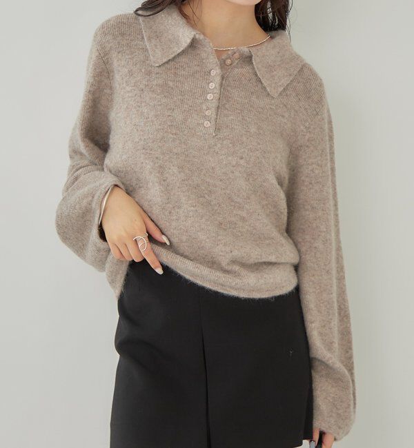  「襟付きロングスリーブニット」|ニット・セーター|ベージュ