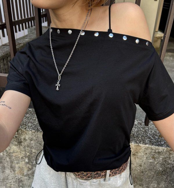  「ワンオフショルスタッズドロストTEE」|Tシャツ・カットソー|ブラック