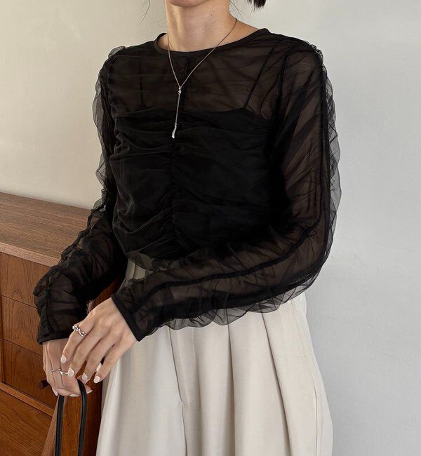  「チュールギャザーブラウス」|シャツ・ブラウス|ブラック