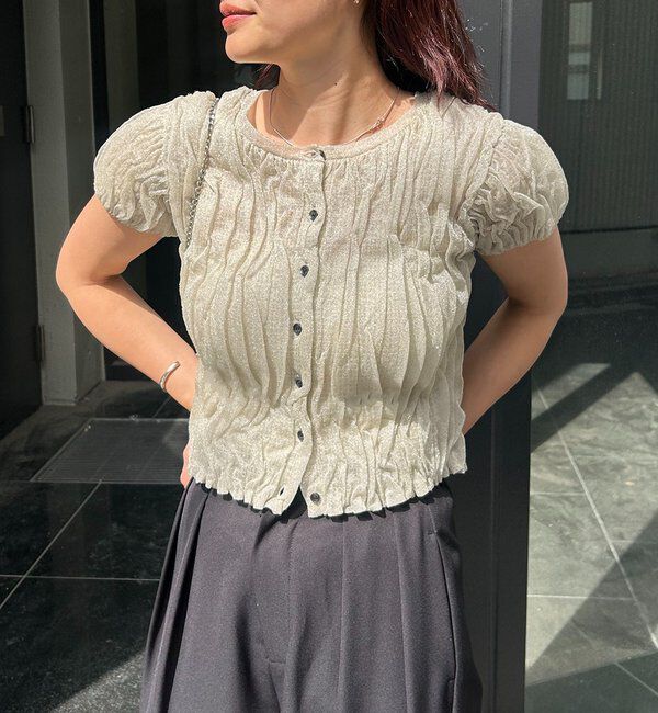  「シャーリング半袖カーディガン」|カーディガン|ベージュ