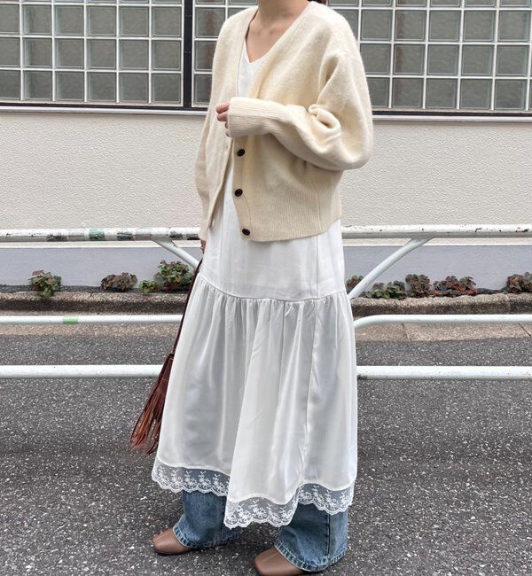  「裾レース切替サテンキャミワンピース」|ワンピース|オフホワイト