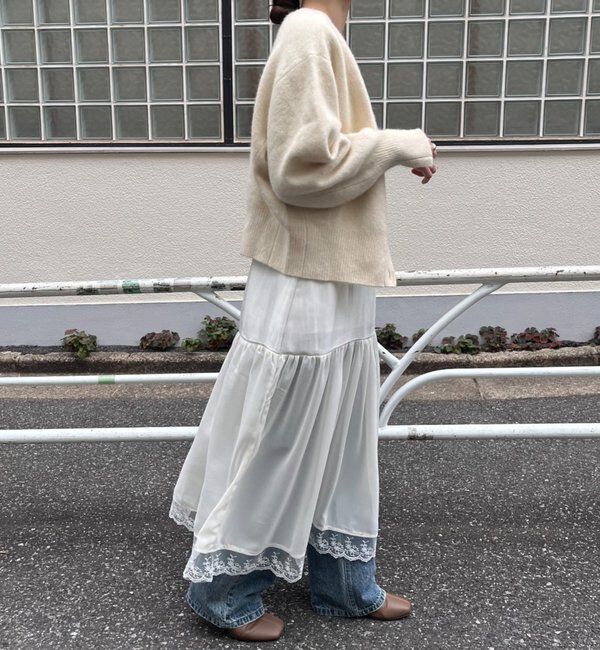  「裾レース切替サテンキャミワンピース」|ワンピース|