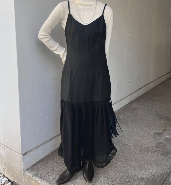  「裾レース切替サテンキャミワンピース」|ワンピース|