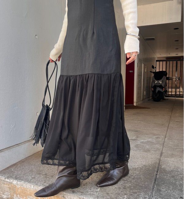  「裾レース切替サテンキャミワンピース」|ワンピース|