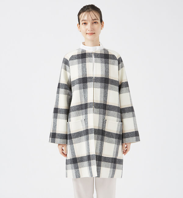 qualite「チェックダブルフェイスストールコート」|ノーカラーコート|