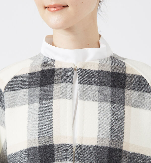 qualite「チェックダブルフェイスストールコート」|ノーカラーコート|