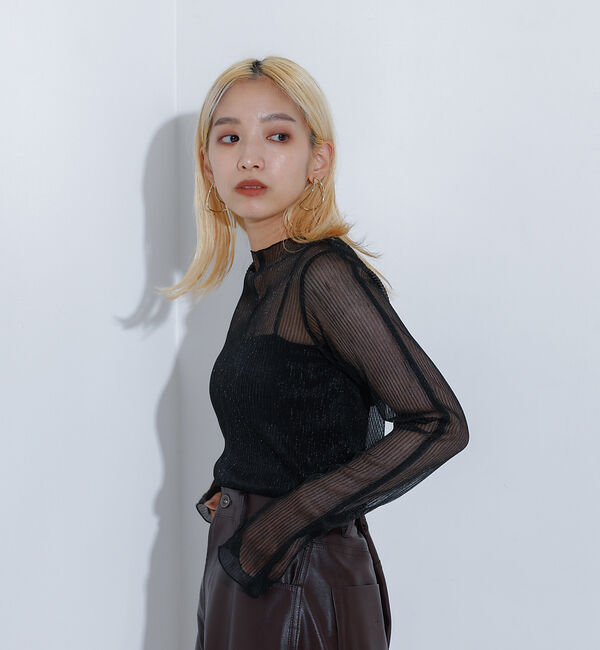 NOMINE「ラメ シアー プリーツ トップス （ロンＴ)」|Tシャツ・カットソー|
