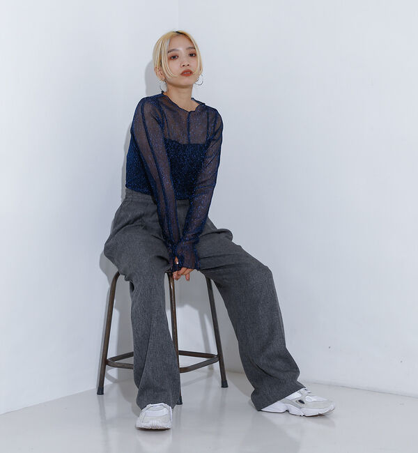 NOMINE「ラメ シアー プリーツ トップス （ロンＴ)」|Tシャツ・カットソー|