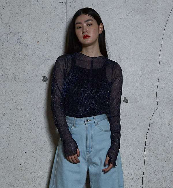 NOMINE「ラメ シアー プリーツ トップス （ロンＴ)」|Tシャツ・カットソー|