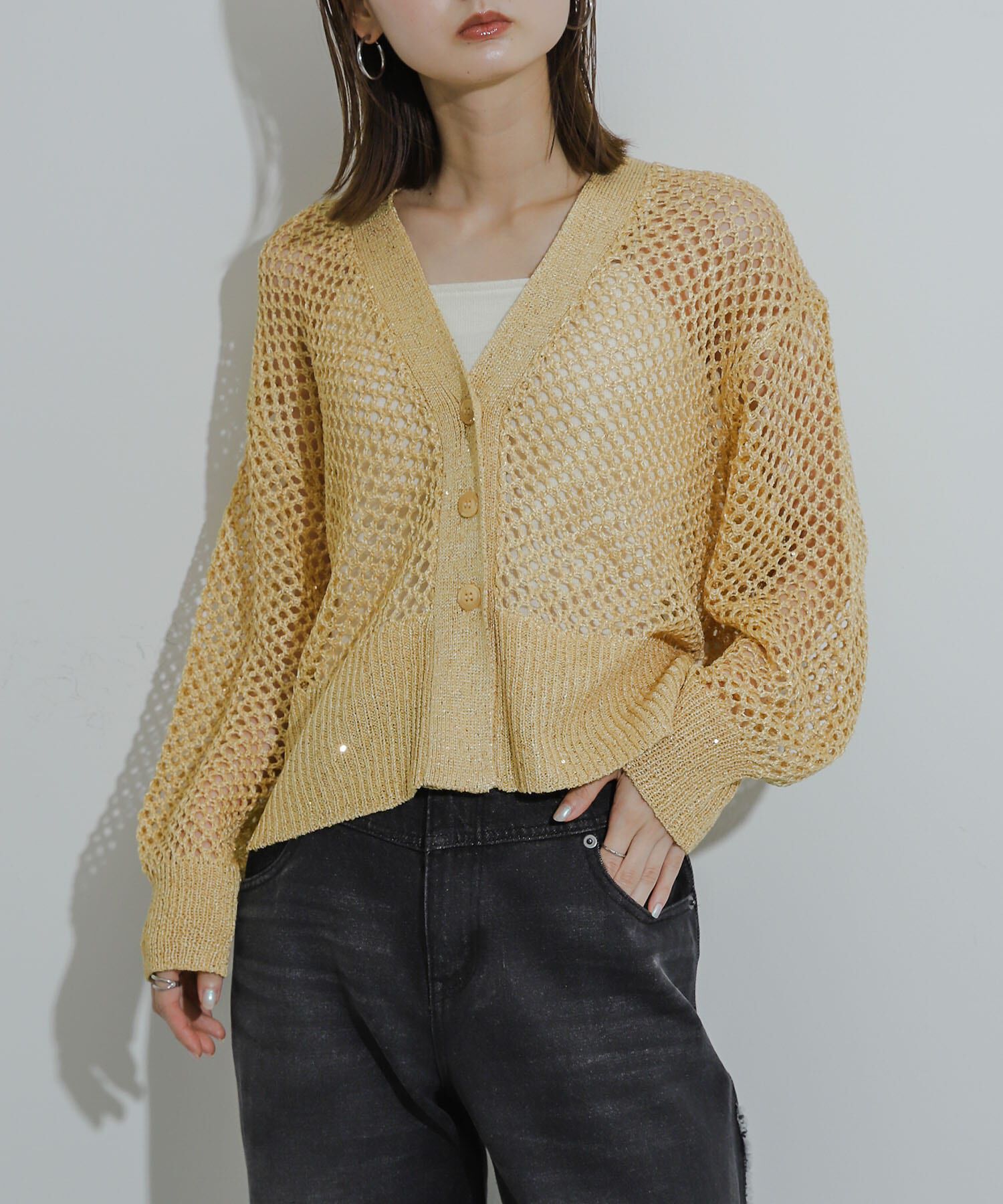 SENSE OF PLACE by URBAN RESEARCH「スパンコールメッシュカーディガン」|カーディガン|イエロー
