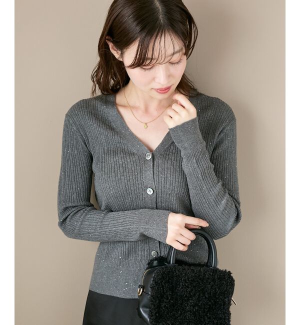  「《手洗い可能》スパンコールリブVネックカーディガン」|カーディガン|