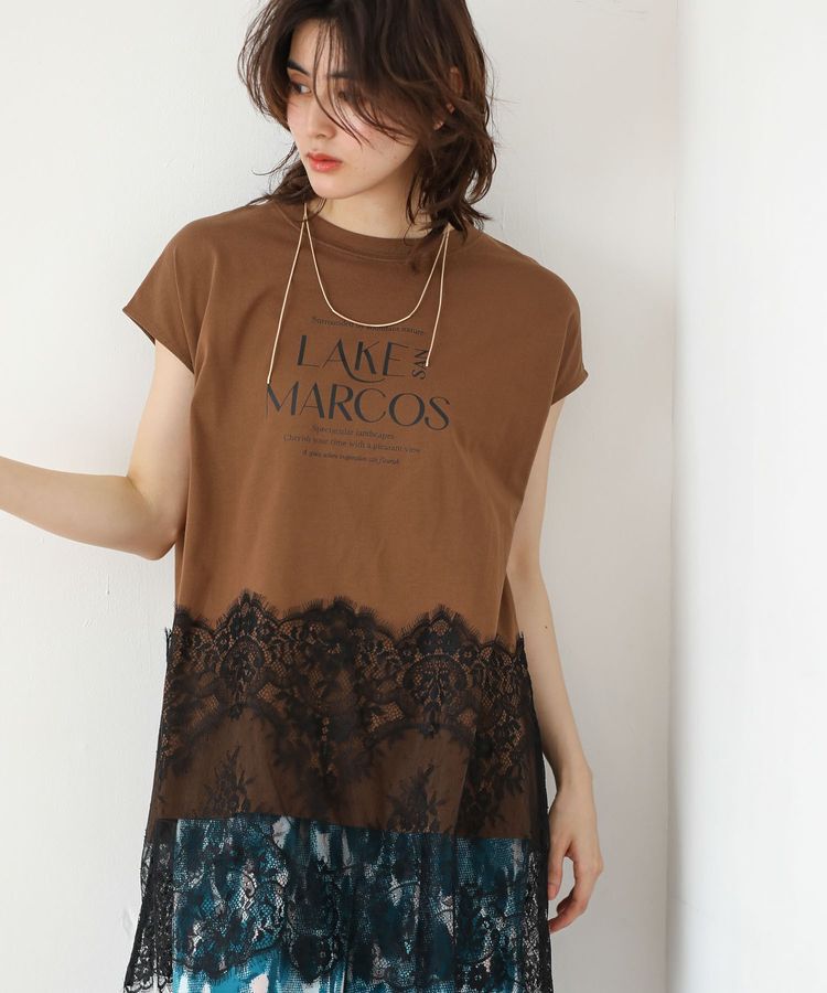 Green Parks「フレンチスリーブ裾レースロゴチュニック」|チュニック|Brown