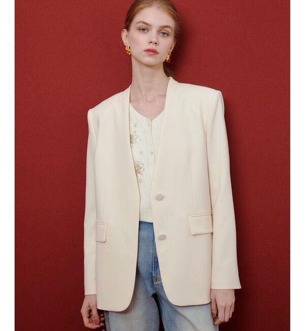 LOULOU WILLOUGHBY「【LOULOU WILLOUGHBY】ダブルクロスノーカラーリボンジャケット」|ノーカラージャケット|