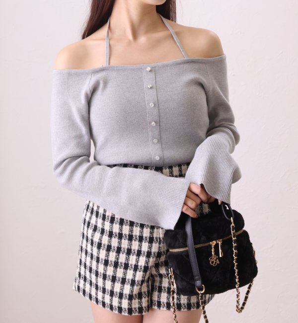  「キラキラボタンファーオフショルニット」|ニット・セーター|