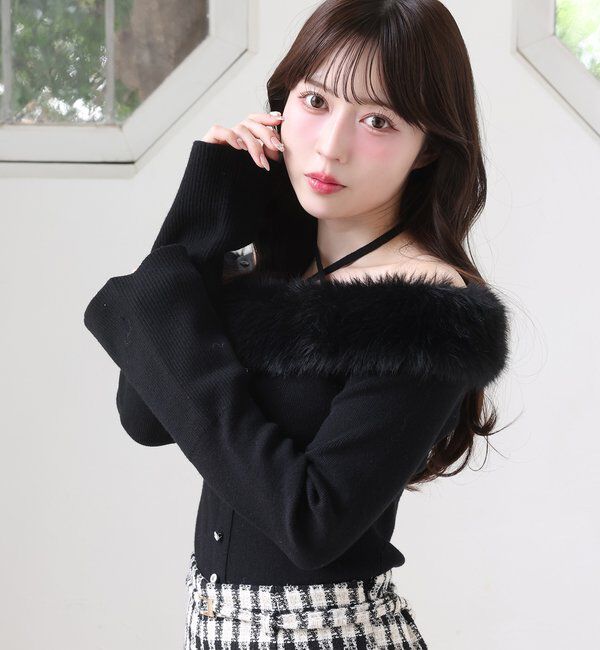  「キラキラボタンファーオフショルニット」|ニット・セーター|