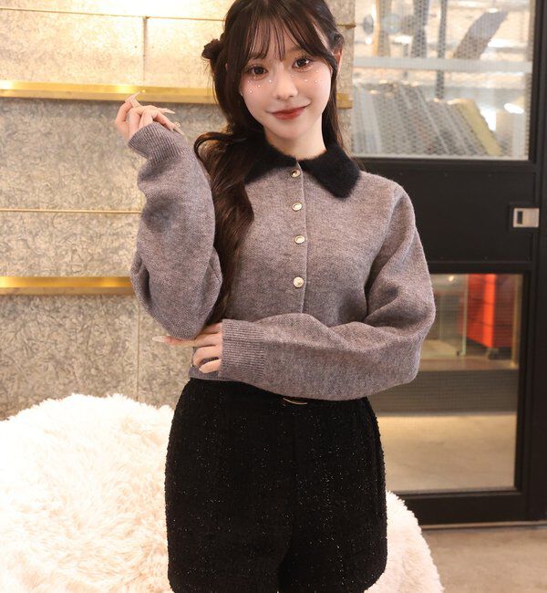  「シャギー襟配色ポロニット」|ニット・セーター|