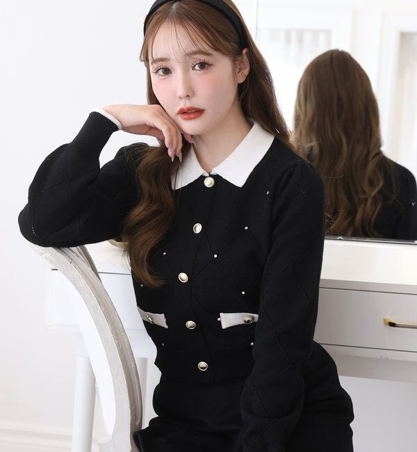  「配色ビジュー付ポロニット」|ニット・セーター|