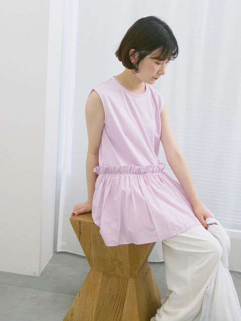 Samansa Mos2 blue「◎【接触冷感】ドッキングノースリーブプルオーバー」|Tシャツ・カットソー|