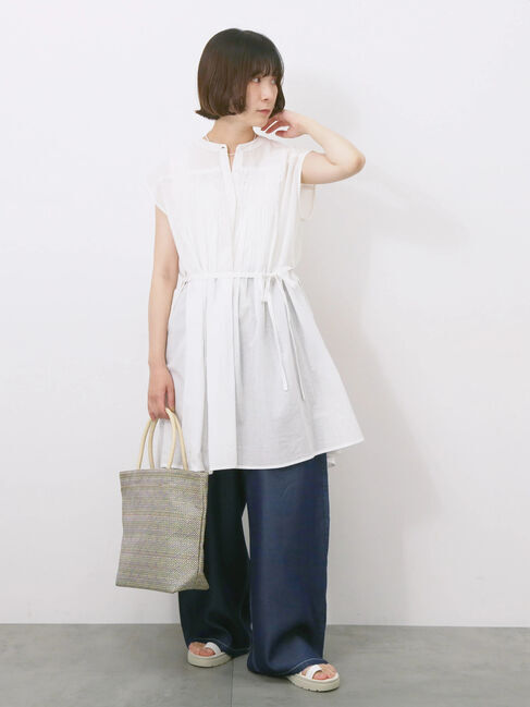 Samansa Mos2 blue「【Made in India】シャーリングノースリーブチュニック」|シャツ・ブラウス|