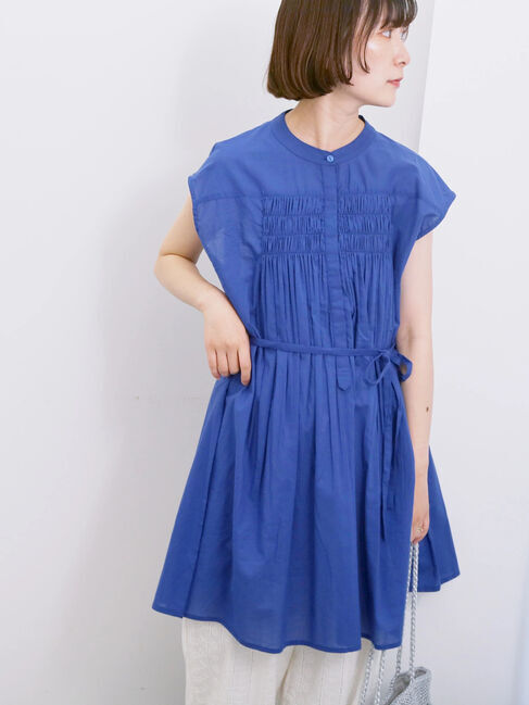 Samansa Mos2 blue「【Made in India】シャーリングノースリーブチュニック」|シャツ・ブラウス|