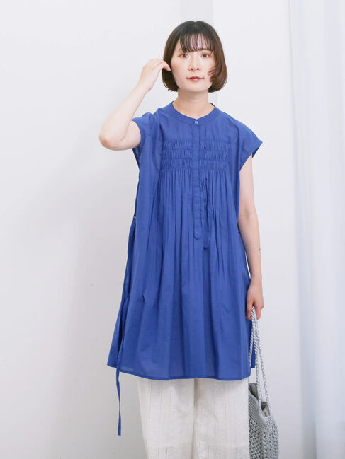 Samansa Mos2 blue「【Made in India】シャーリングノースリーブチュニック」|シャツ・ブラウス|
