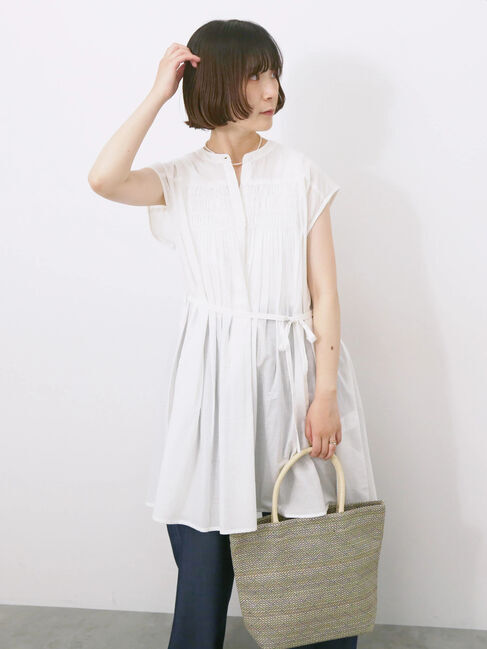 Samansa Mos2 blue「【Made in India】シャーリングノースリーブチュニック」|シャツ・ブラウス|