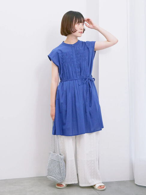 Samansa Mos2 blue「【Made in India】シャーリングノースリーブチュニック」|シャツ・ブラウス|