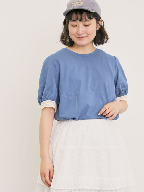 Samansa Mos2「【汗染み防止】袖口レースパフスリーブTシャツ」|Tシャツ・カットソー|