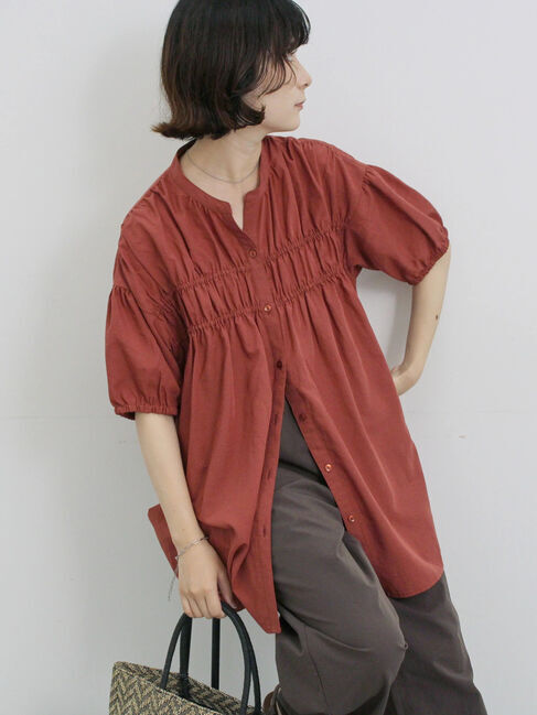 Samansa Mos2 blue「シャーリングチュニック」|シャツ・ブラウス|