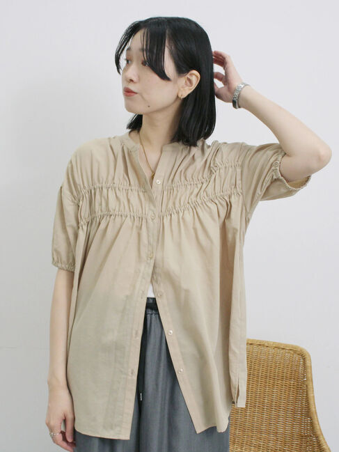 Samansa Mos2 blue「シャーリングチュニック」|シャツ・ブラウス|