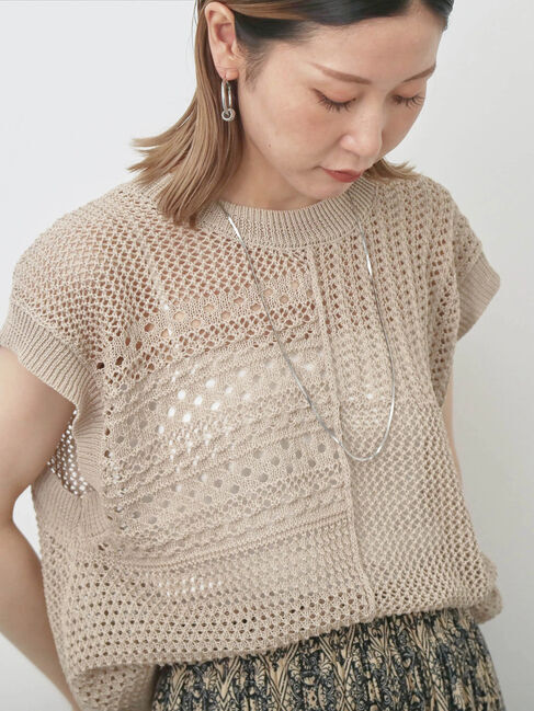 Samansa Mos2 blue「麻タッチパッチワークニットベスト」|ニット・セーター|