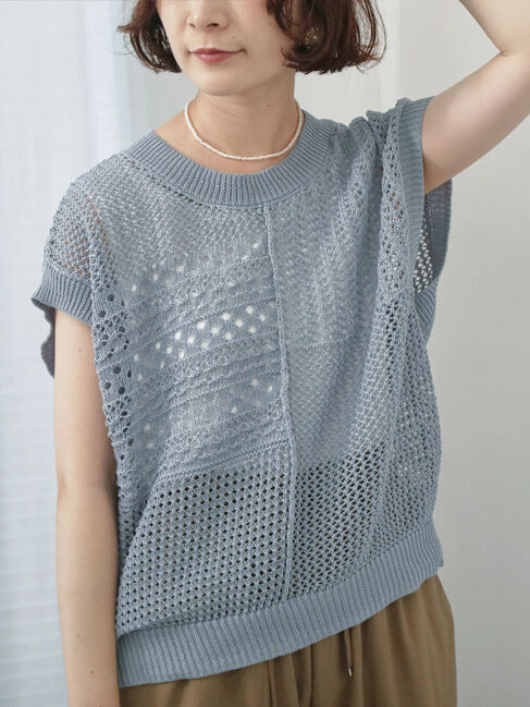 Samansa Mos2 blue「麻タッチパッチワークニットベスト」|ニット・セーター|