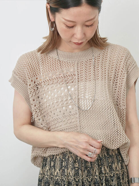 Samansa Mos2 blue「麻タッチパッチワークニットベスト」|ニット・セーター|