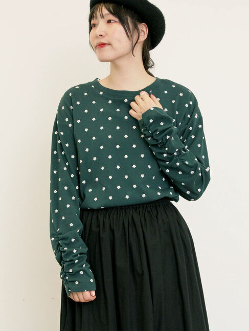 Samansa Mos2「リップル柄アソート袖シャーリングカットソー」|Tシャツ・カットソー|グリーン