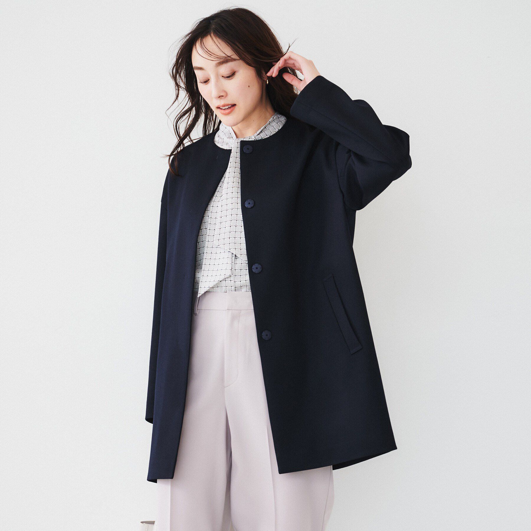 UNTITLED「ダブルクロス ノーカラーコート」|ノーカラーコート|ネイビー(094)