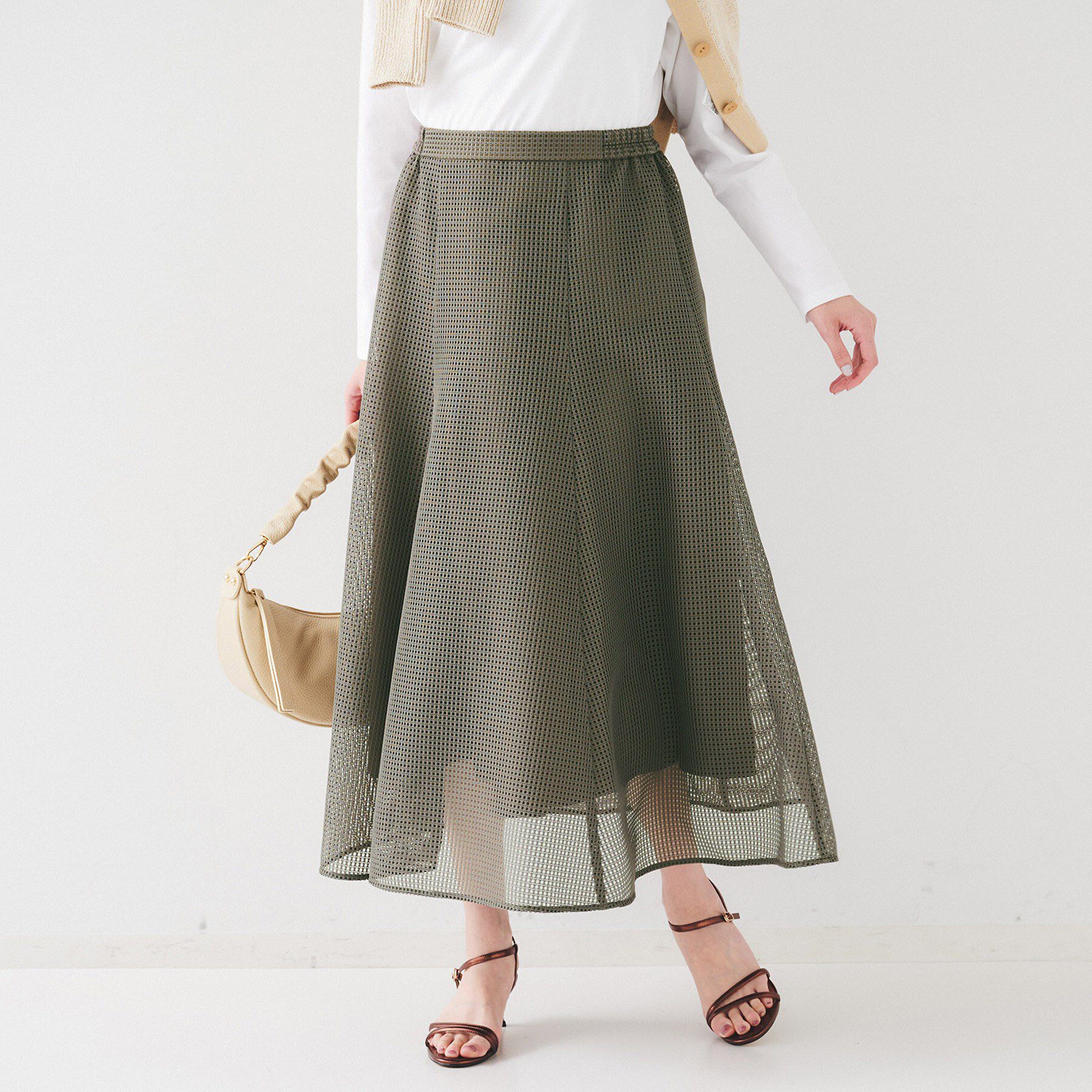 UNTITLED「【手洗い可/トレンド】メッシュフレアスカート」|スカート|オリーブグリーン(0