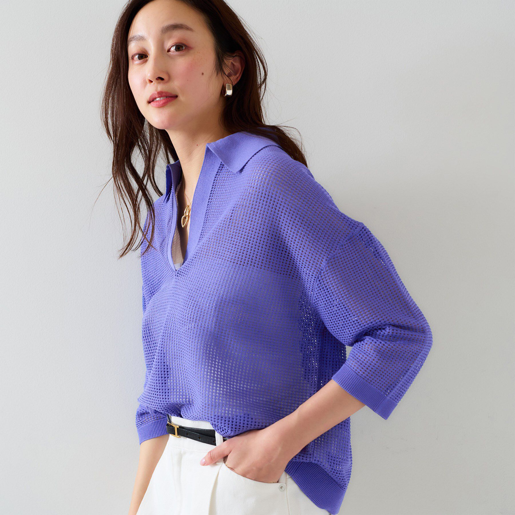 UNTITLED「【七分袖/春夏素材】メッシュ衿付きニット」|ニット・セーター|