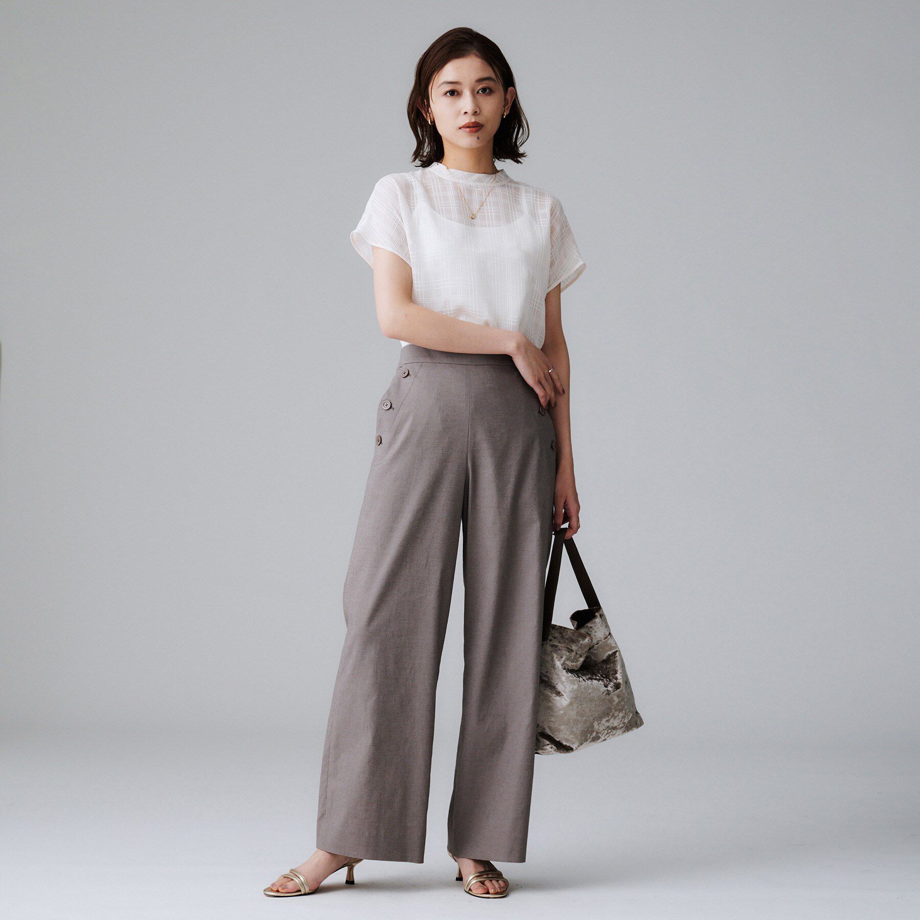 UNTITLED「【シアー】チェックスタンドネックブラウス」|シャツ・ブラウス|