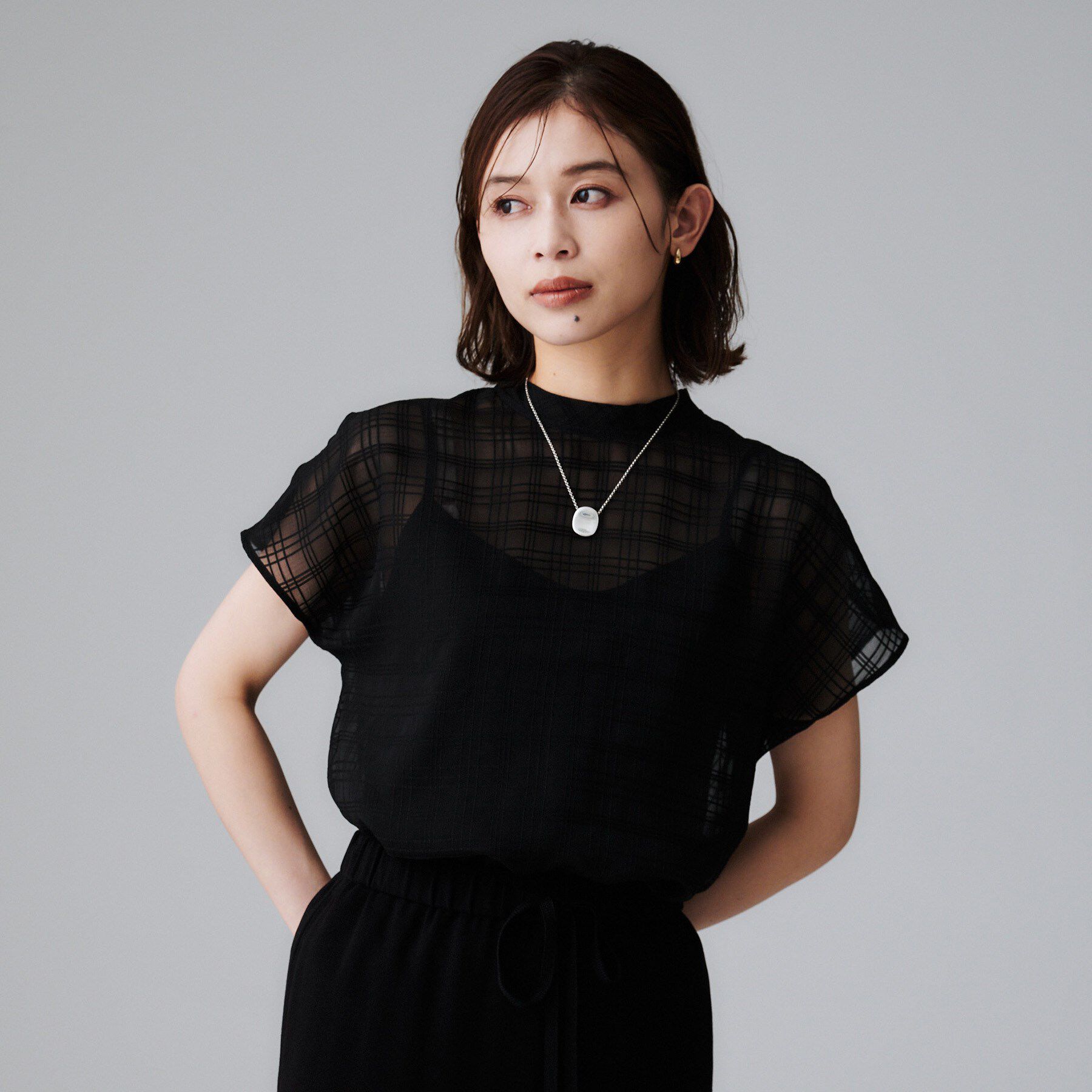 UNTITLED「【シアー】チェックスタンドネックブラウス」|シャツ・ブラウス|