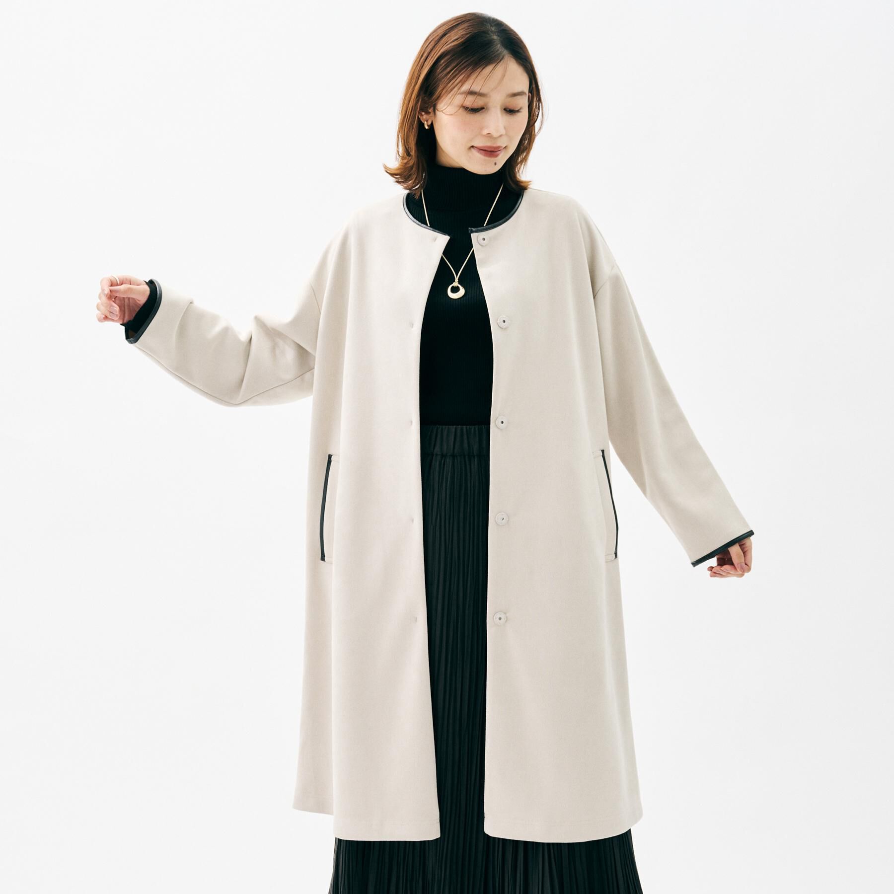 UNTITLED「【洗える/軽羽織り】マシュマロタッチ　スエード調コート」|ノーカラーコート|グレージュ(050)