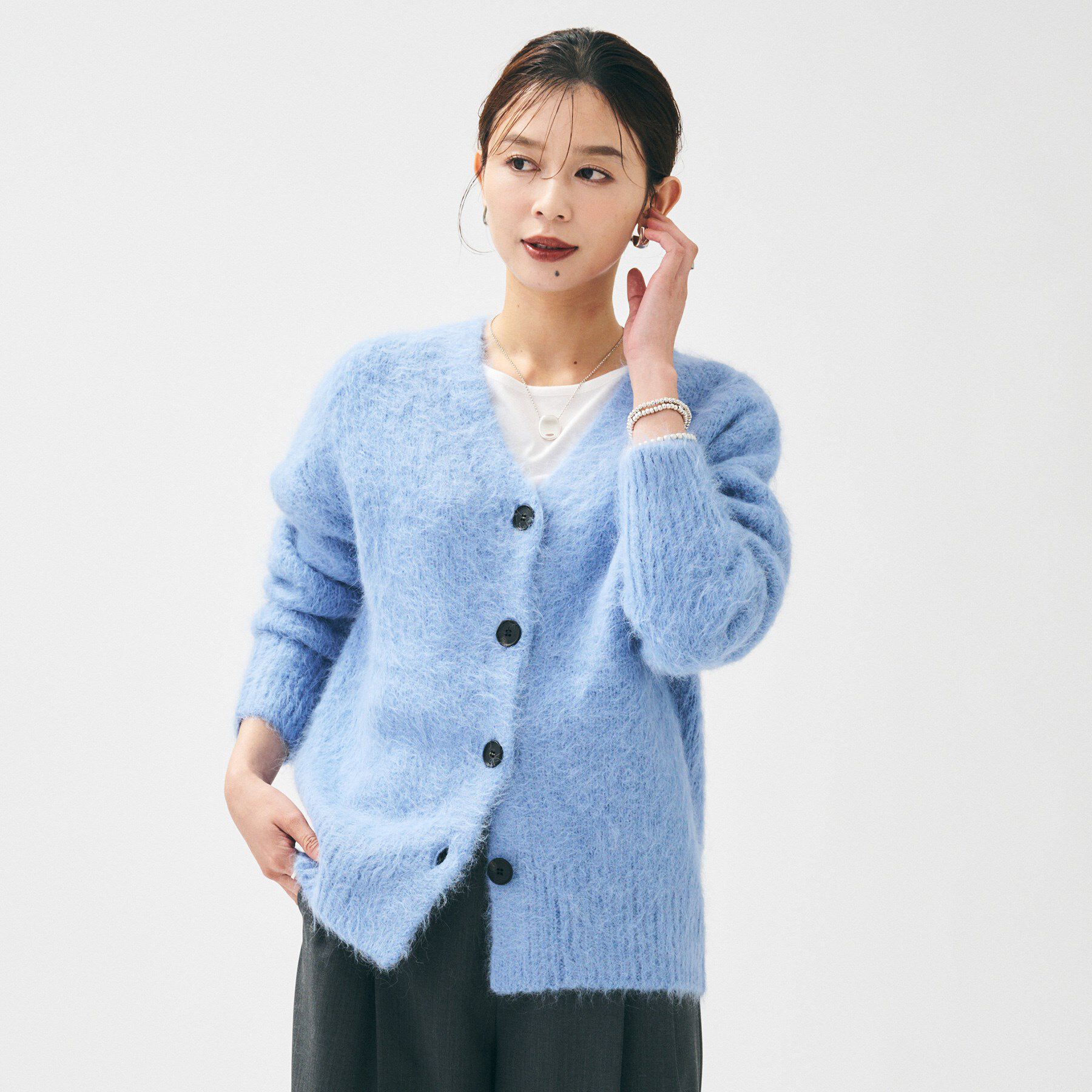 UNTITLED「【ゆったり】アルパカ混シャギー カーディガン」|カーディガン|ブルー(091)