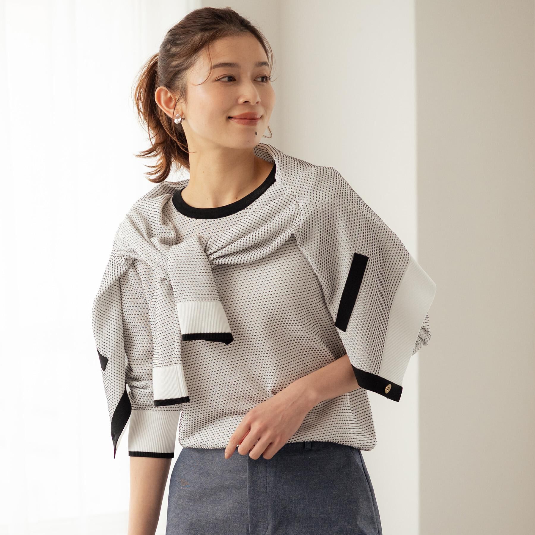 UNTITLED「【アンサンブル可/洗える】配色ハイゲージニットトップス」|ニット・セーター|ホワイト(501)