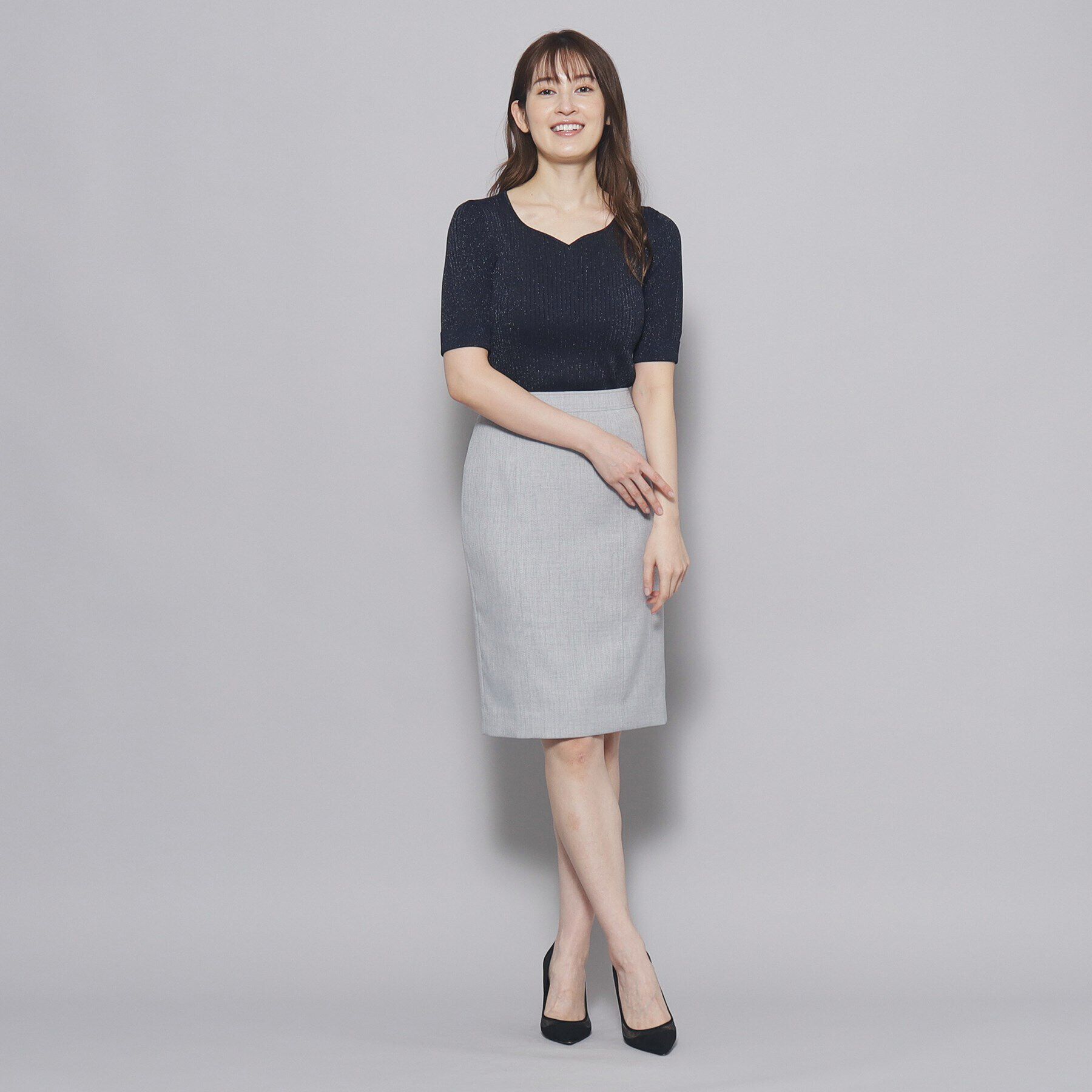 COUP DE CHANCE「【洗える／日本製／ハートネック】5分袖ラメ入りニットトップス」|ニット・セーター|