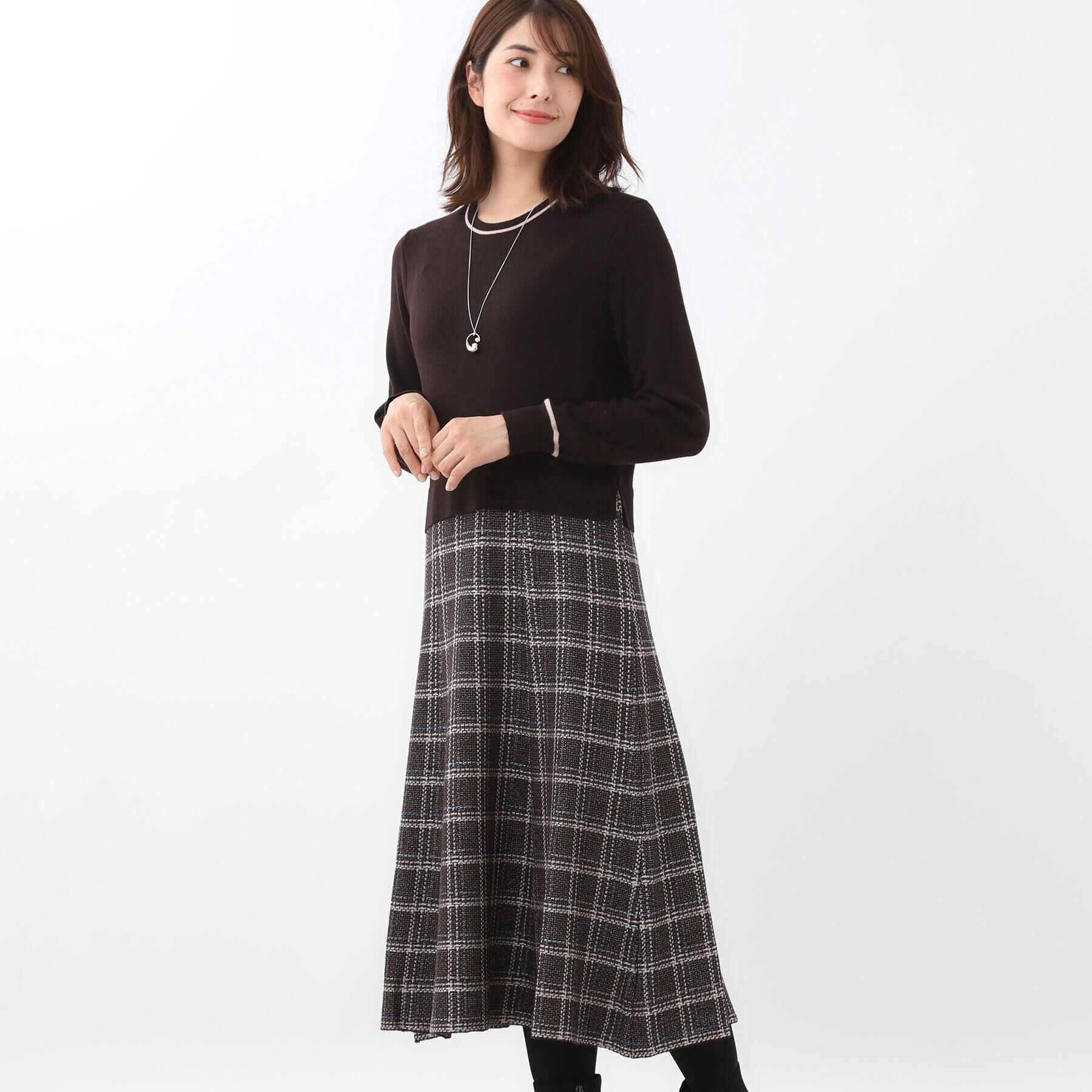 Reflect「【コートインでもすっきり◎】チェック柄ニットドッキングワンピース」|ワンピース|