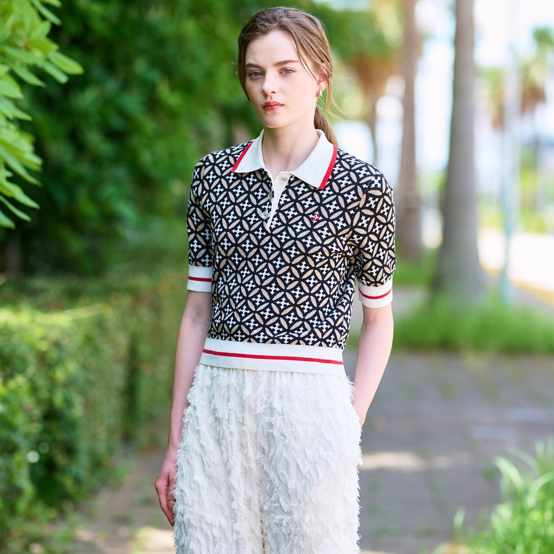 DRESSTERIOR「【コットン100％/オリジナル柄】オーバーラップサークルポロニット」|ニット・セーター|