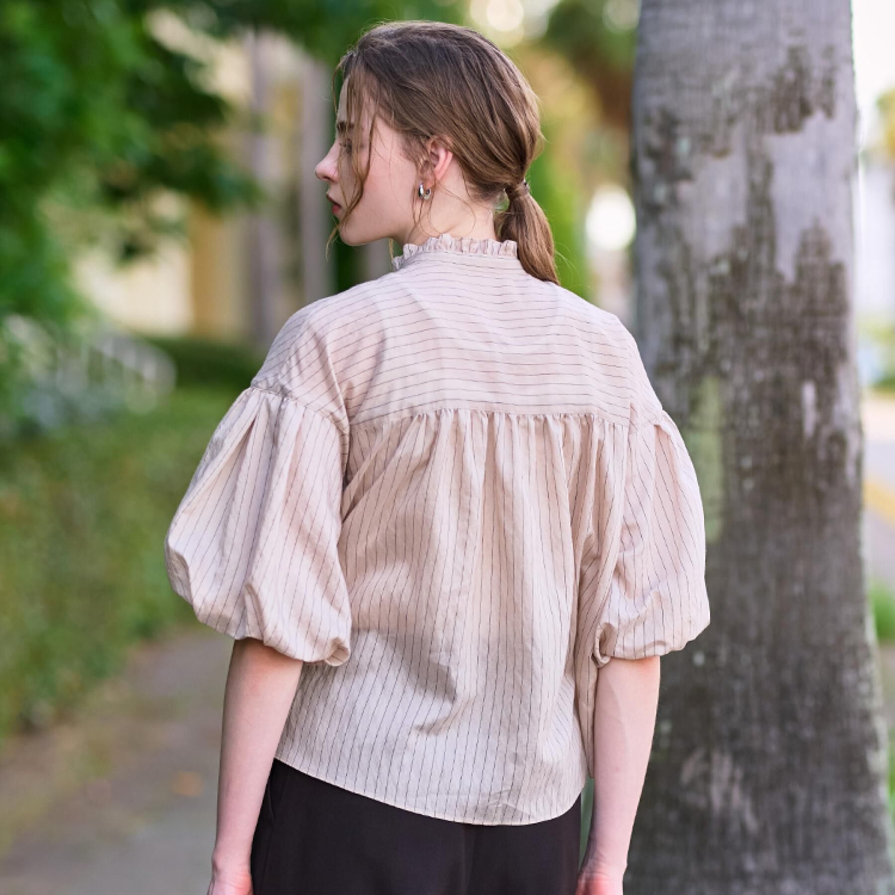 DRESSTERIOR「【洗える/前開き】ボリュームスリーブストライプブラウス」|シャツ・ブラウス|